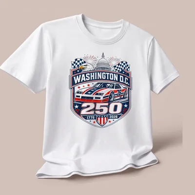 Vintage badge design featuring stock car racing text in red, white, blue, and black — printed on a unisex t-shirt (angled view)
