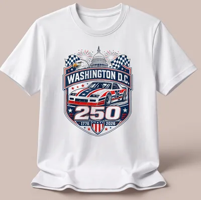 Vintage badge design featuring stock car racing text in red, white, blue, and black