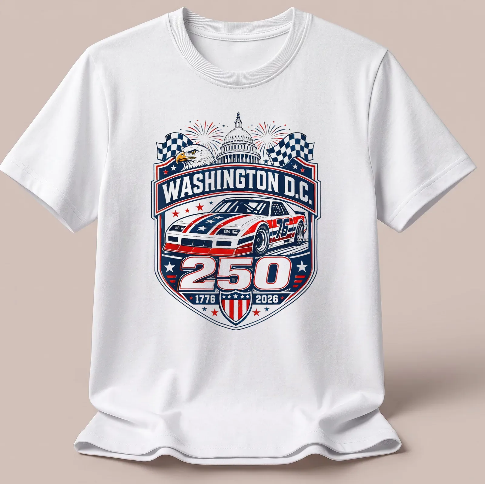 Vintage badge design featuring stock car racing text in red, white, blue, and black — printed on a unisex t-shirt