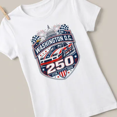 Vintage badge design featuring stock car racing text in red, white, blue, and black — printed on a women's shirt
