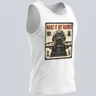 Steampunk style shirt with tools and gears, featuring the text MAKE IT HIT HARDER — printed on a tank top