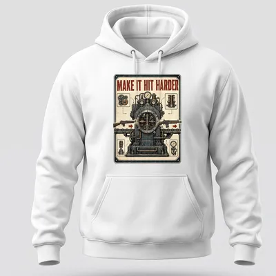 Steampunk style shirt with tools and gears, featuring the text MAKE IT HIT HARDER — printed on a unisex hoodie