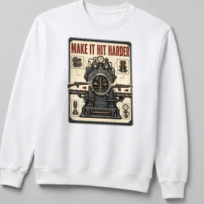 Steampunk style shirt with tools and gears, featuring the text MAKE IT HIT HARDER — printed on a unisex sweatshirt