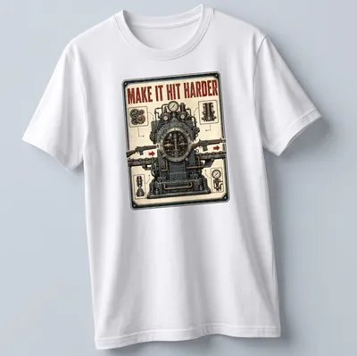 Steampunk style shirt with tools and gears, featuring the text MAKE IT HIT HARDER