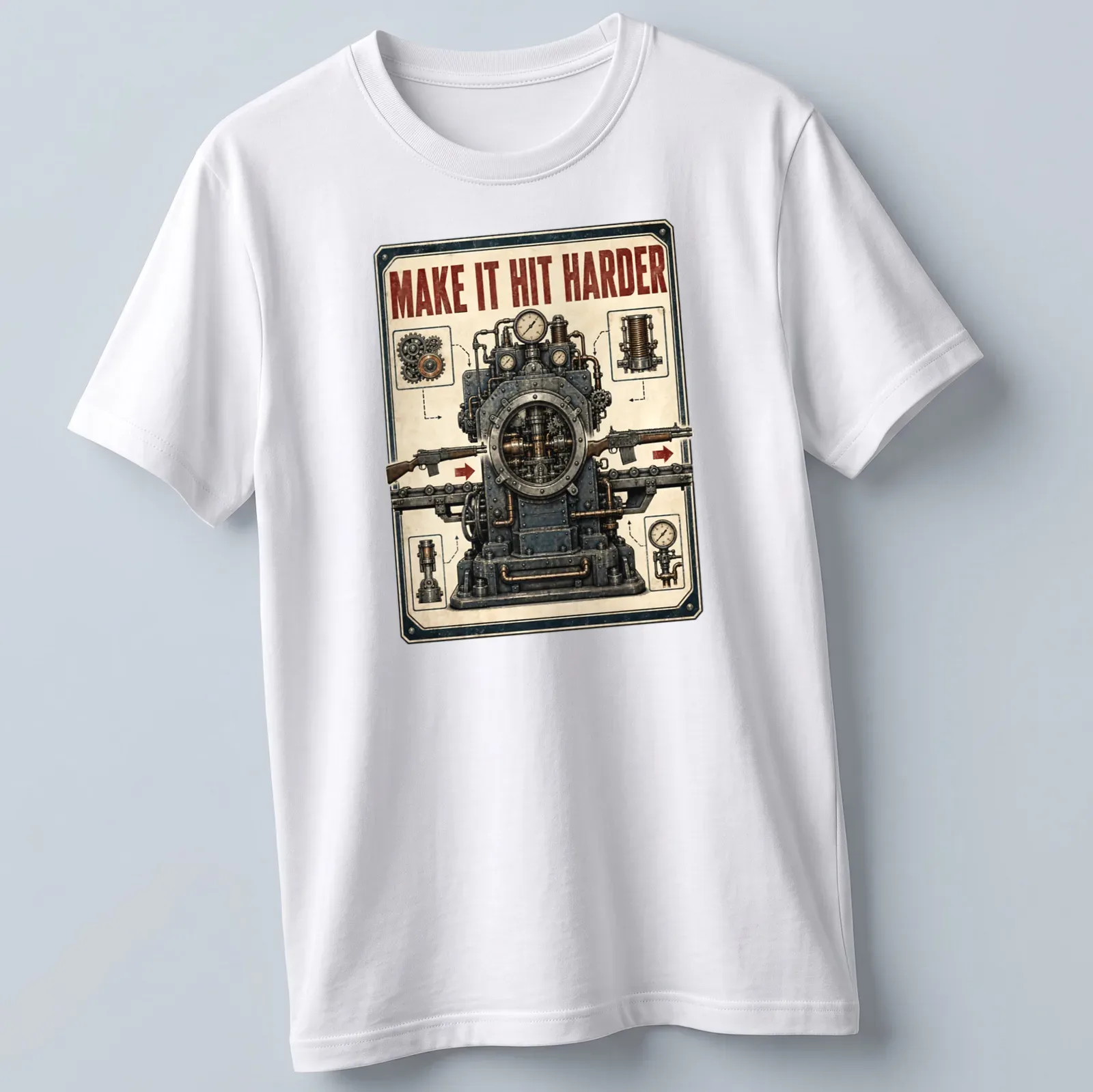 Steampunk style shirt with tools and gears, featuring the text MAKE IT HIT HARDER — printed on a unisex t-shirt
