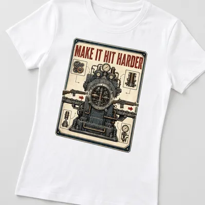Steampunk style shirt with tools and gears, featuring the text MAKE IT HIT HARDER — printed on a women's shirt