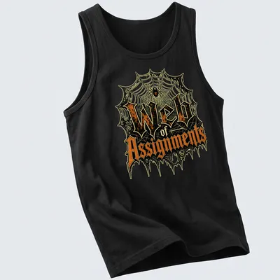 Halloween T-shirt featuring vintage gothic text and a spider web design in black, orange, green, and white. — printed on a tank top