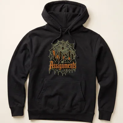 Halloween T-shirt featuring vintage gothic text and a spider web design in black, orange, green, and white. — printed on a unisex hoodie