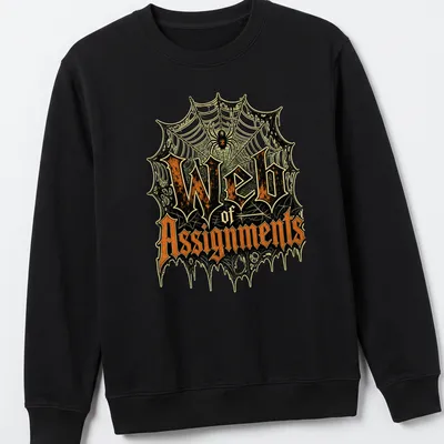 Halloween T-shirt featuring vintage gothic text and a spider web design in black, orange, green, and white. — printed on a unisex sweatshirt