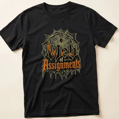 Halloween T-shirt featuring vintage gothic text and a spider web design in black, orange, green, and white.