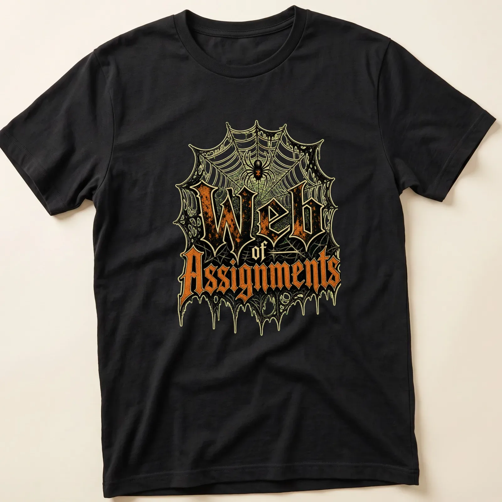 Halloween T-shirt featuring vintage gothic text and a spider web design in black, orange, green, and white. — printed on a unisex t-shirt