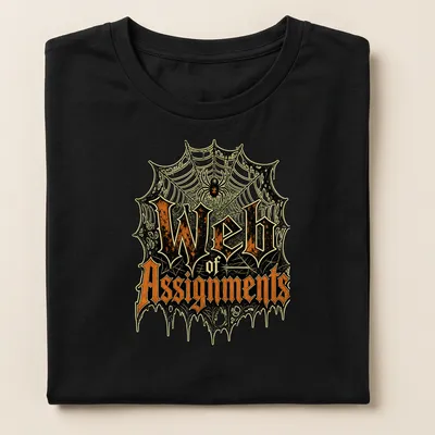 Halloween T-shirt featuring vintage gothic text and a spider web design in black, orange, green, and white. — printed on a women's shirt