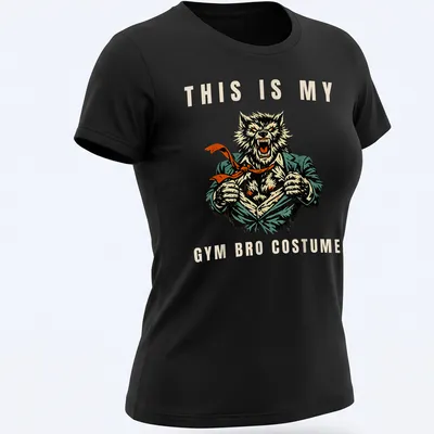 Vintage comic style tee featuring a muscular werewolf with gym-themed text — printed on a women's shirt