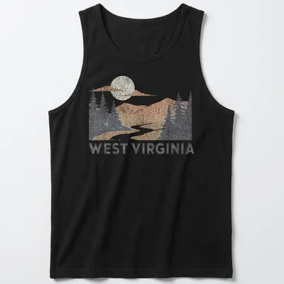Vintage distressed West Virginia T-shirt with mountains and river scene — printed on a tank top