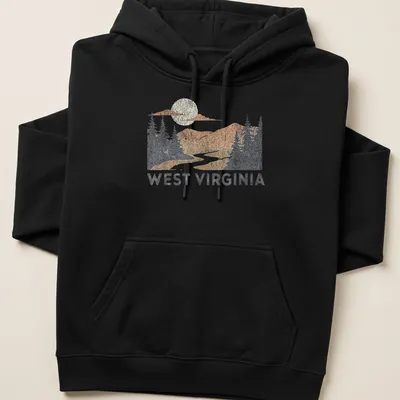 Vintage distressed West Virginia T-shirt with mountains and river scene — printed on a unisex hoodie