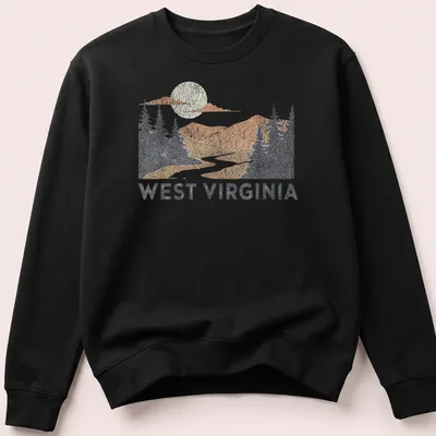 Vintage distressed West Virginia T-shirt with mountains and river scene — printed on a unisex sweatshirt