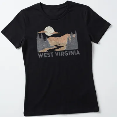 Vintage distressed West Virginia T-shirt with mountains and river scene — printed on a women's shirt