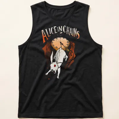 Whimsical illustration of a white rabbit with text 'Alice In Chains' in orange and brown — printed on a tank top
