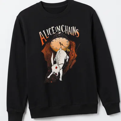 Whimsical illustration of a white rabbit with text 'Alice In Chains' in orange and brown — printed on a unisex sweatshirt