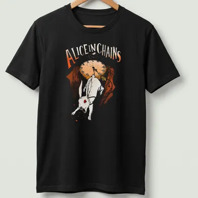 Whimsical illustration of a white rabbit with text 'Alice In Chains' in orange and brown