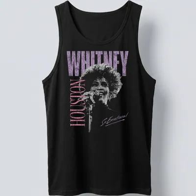 Distressed photo t-shirt featuring Whitney Houston with purple and pink tones — printed on a tank top