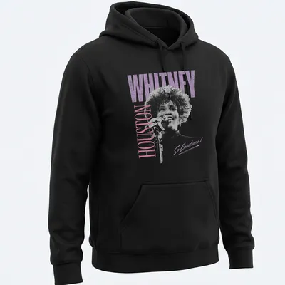 Distressed photo t-shirt featuring Whitney Houston with purple and pink tones — printed on a unisex hoodie