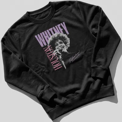 Distressed photo t-shirt featuring Whitney Houston with purple and pink tones — printed on a unisex sweatshirt