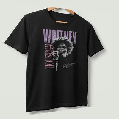 Distressed photo t-shirt featuring Whitney Houston with purple and pink tones — printed on a unisex t-shirt (angled view)