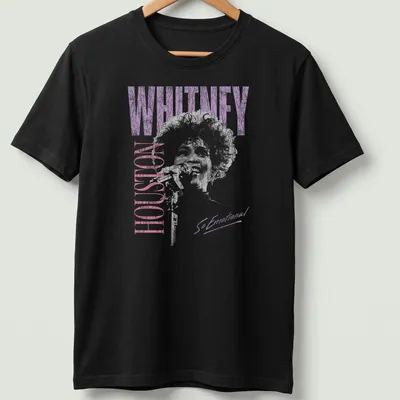 Distressed photo t-shirt featuring Whitney Houston with purple and pink tones
