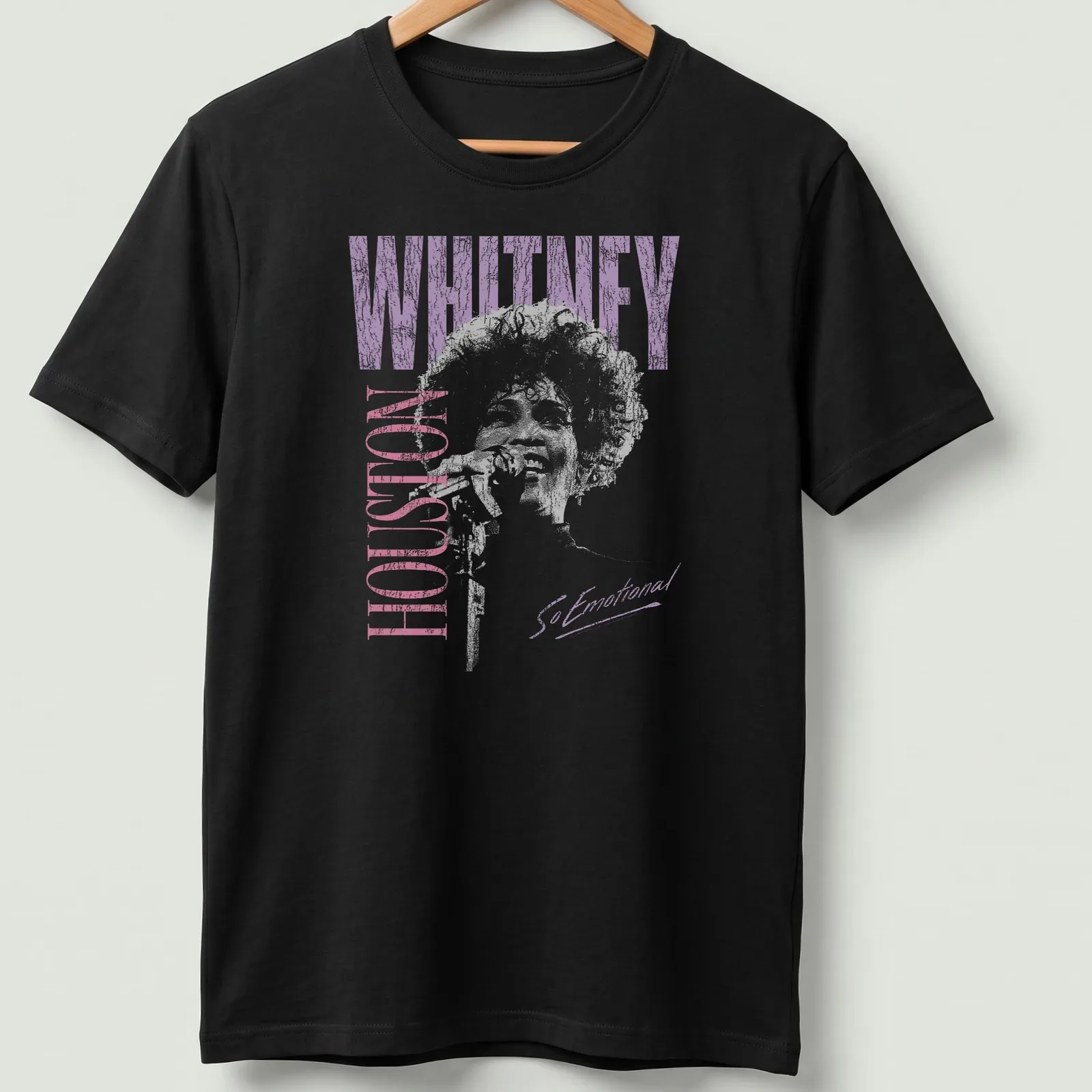 Distressed photo t-shirt featuring Whitney Houston with purple and pink tones — printed on a unisex t-shirt