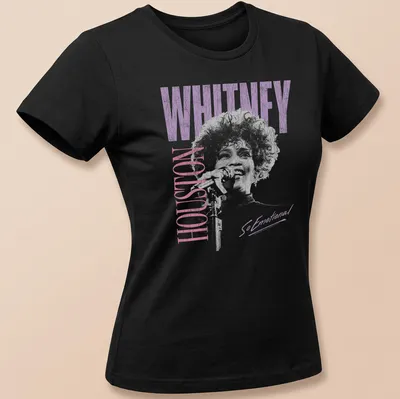 Distressed photo t-shirt featuring Whitney Houston with purple and pink tones — printed on a women's shirt