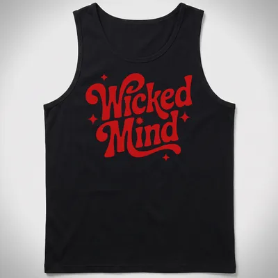 Bold retro typography T-shirt with 'Wicked Mind' printed on a red background — printed on a tank top