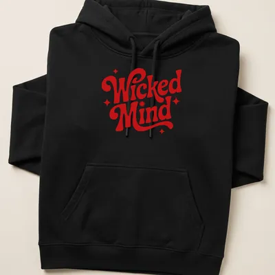 Bold retro typography T-shirt with 'Wicked Mind' printed on a red background — printed on a unisex hoodie