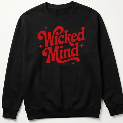 Bold retro typography T-shirt with 'Wicked Mind' printed on a red background — printed on a unisex sweatshirt