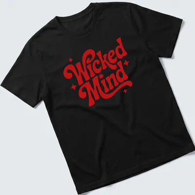 Bold retro typography T-shirt with 'Wicked Mind' printed on a red background