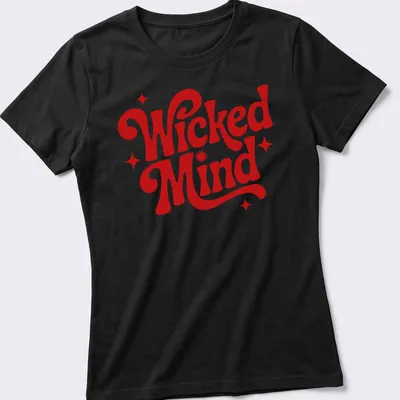 Bold retro typography T-shirt with 'Wicked Mind' printed on a red background — printed on a women's shirt