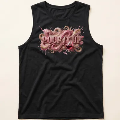 Stylized wine glass with swirly abstract design and the phrase 'Pour It Up' in pink and gold. — printed on a tank top