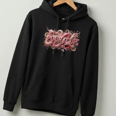 Stylized wine glass with swirly abstract design and the phrase 'Pour It Up' in pink and gold. — printed on a unisex hoodie
