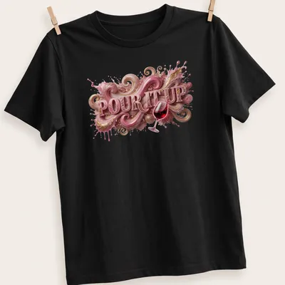 Stylized wine glass with swirly abstract design and the phrase 'Pour It Up' in pink and gold.