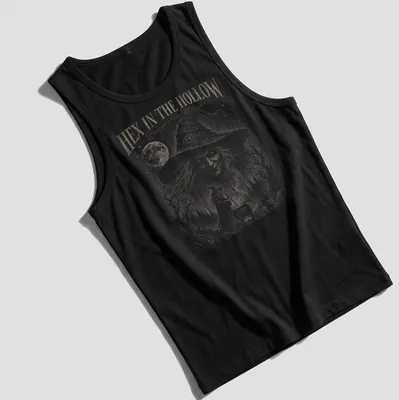 Gothic witch brewing potion design with the text 'HEX IN THE HOLLOW Brewed After Midnight' — printed on a tank top