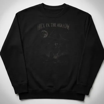 Gothic witch brewing potion design with the text 'HEX IN THE HOLLOW Brewed After Midnight' — printed on a unisex sweatshirt
