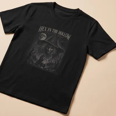 Gothic witch brewing potion design with the text 'HEX IN THE HOLLOW Brewed After Midnight'