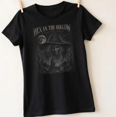 Gothic witch brewing potion design with the text 'HEX IN THE HOLLOW Brewed After Midnight' — printed on a women's shirt