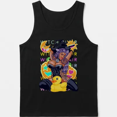 Colorful cartoon of a witch cat holding a rubber duck with Halloween elements. — printed on a tank top