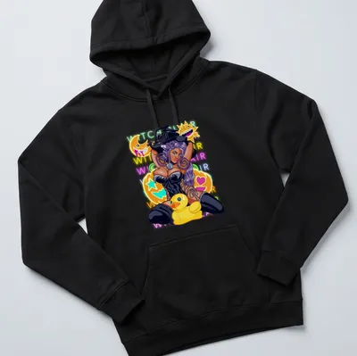 Colorful cartoon of a witch cat holding a rubber duck with Halloween elements. — printed on a unisex hoodie