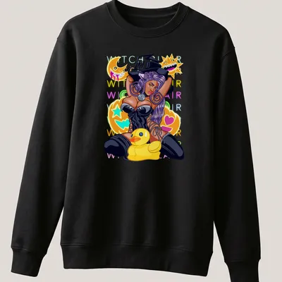 Colorful cartoon of a witch cat holding a rubber duck with Halloween elements. — printed on a unisex sweatshirt