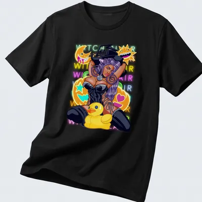 Colorful cartoon of a witch cat holding a rubber duck with Halloween elements.