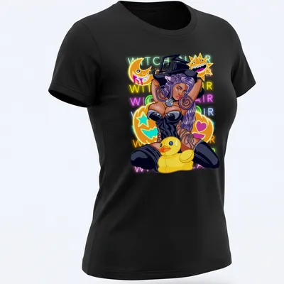 Colorful cartoon of a witch cat holding a rubber duck with Halloween elements. — printed on a women's shirt