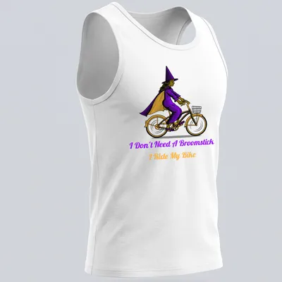 Vintage illustration of a witch riding a bike with playful text about broomsticks. — printed on a tank top