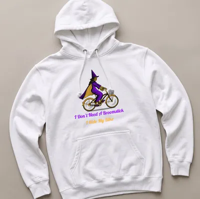 Vintage illustration of a witch riding a bike with playful text about broomsticks. — printed on a unisex hoodie
